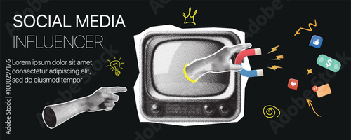 The powerful of influencer marketing. retro TV with halftone and dots. Hand with magnet halftone effect. Vector retro modern illustration with dots in pop art style.