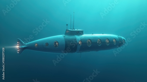 Sleek Transparent Submarine with Circular Windows Underwater