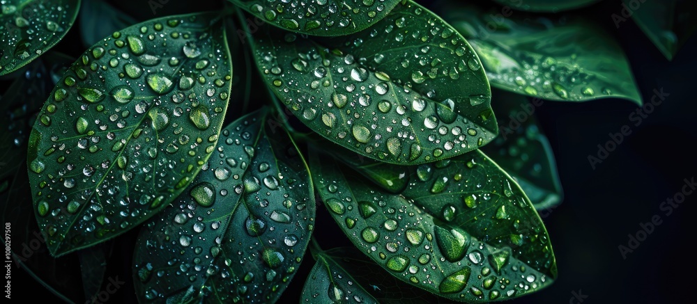 Fototapeta premium Close-Up of Dew Drops on Green Leaves
