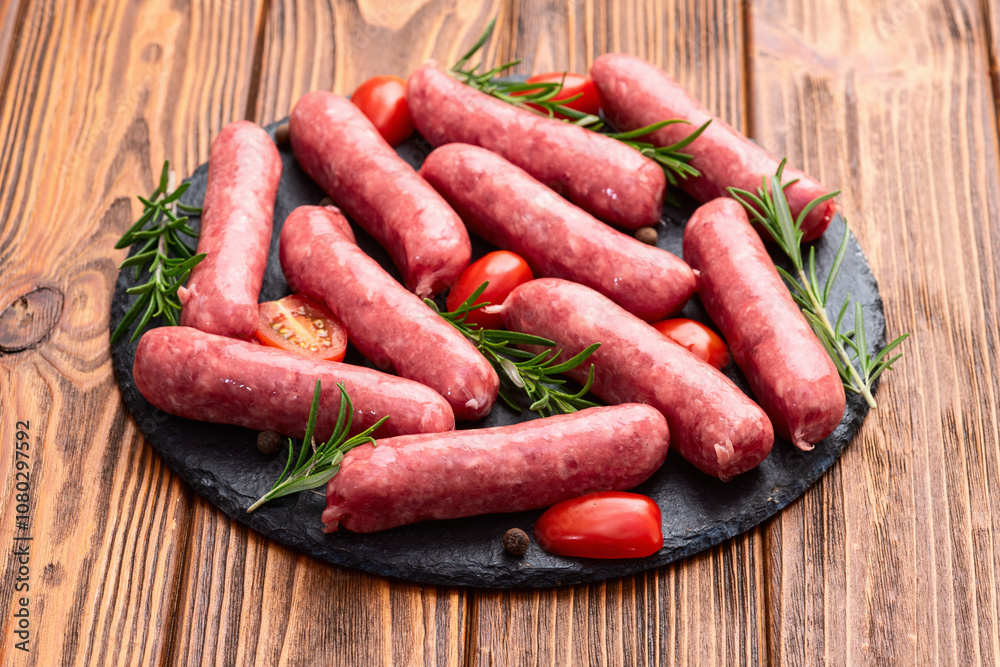 Raw beef sausages with rosemary and tomatoes photography . Top view Raw beef sausages with rosemary and tomatoes photography . Top view