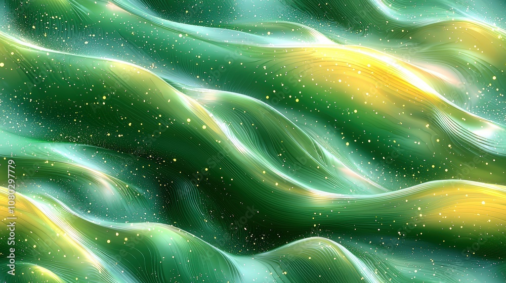 Abstract green and yellow wave pattern with sparkling particles Abstract green and yellow wave pattern with sparkling particles