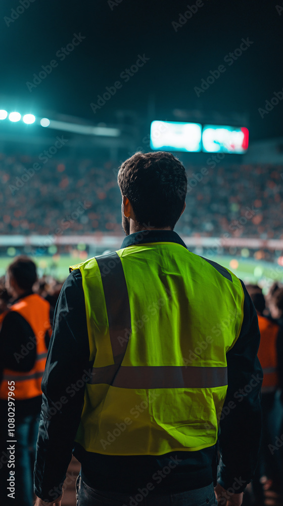 Security guard in high-visibility vest overseeing nighttime football match in packed stadium Security guard in high-visibility vest overseeing nighttime football match in packed stadium