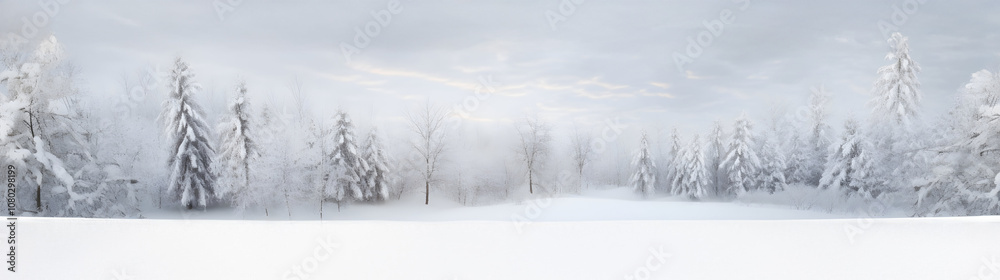 Abstract wihter forest with snowfall and snowflakes in winter. Horizontal composition. Abstract wihter forest with snowfall and snowflakes in winter. Horizontal composition.