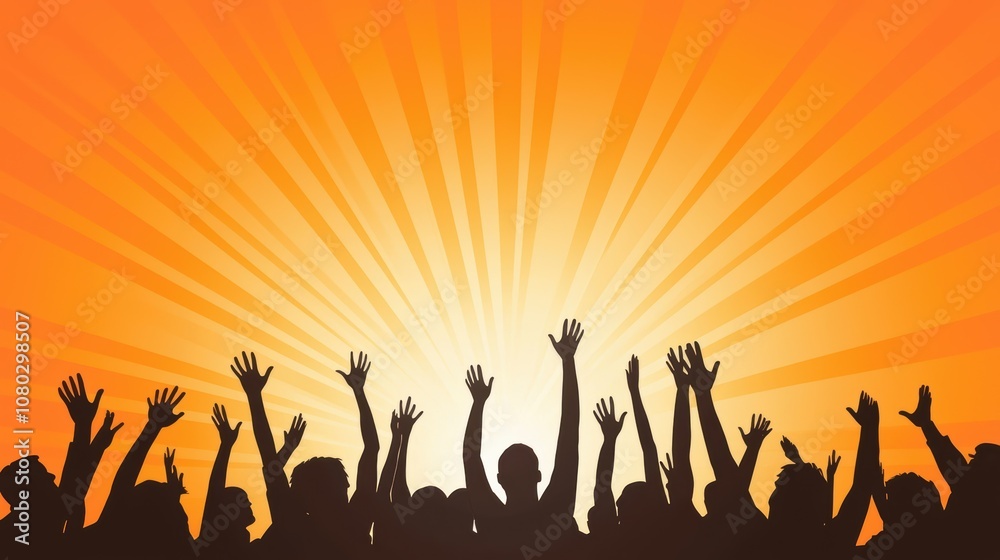 A vibrant sunset silhouette of a crowd with raised hands, symbolizing celebration, unity, and positivity against a bright, orange backdrop. A vibrant sunset silhouette of a crowd with raised hands, symbolizing celebration, unity, and positivity against a bright, orange backdrop.