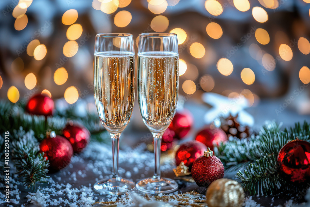 Dos copas de cristal con champan o cava encima de una mesa de madera con decoracion navideña de bolas rojas y ramas de abeto, sobre fondo desenfocado con bokeh brillante dorado Dos copas de cristal con champan o cava encima de una mesa de madera con decoracion navideña de bolas rojas y ramas de abeto, sobre fondo desenfocado con bokeh brillante dorado