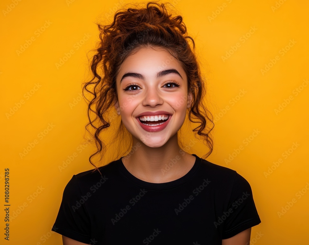 Smiling woman with afro on yellow background Smiling woman with afro on yellow background