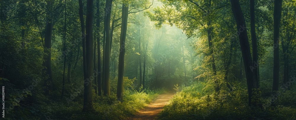 Fototapeta premium A dense forest with tall trees and sunlight filtering through the leaves