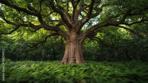 Majestic tree surrounded by lush green ferns, nature's serene beauty.