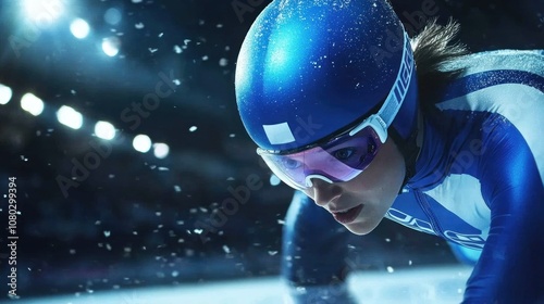 female speed skater in blue and white gear photo