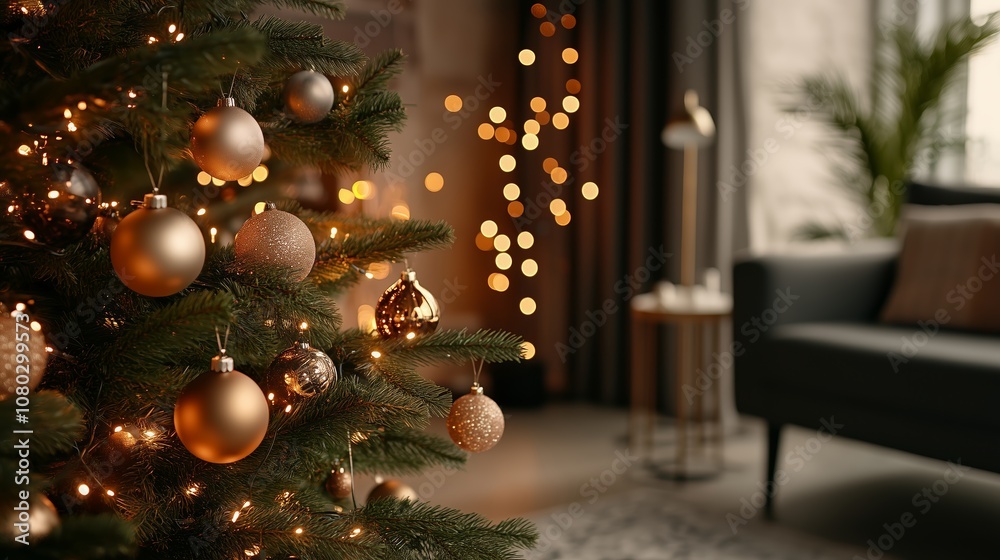 A decorated Christmas tree stands in the corner of a living room, illuminated with warm string lights A decorated Christmas tree stands in the corner of a living room, illuminated with warm string lights