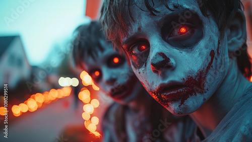 Spooky Halloween night with two zombies in creepy makeup and glowing eyes