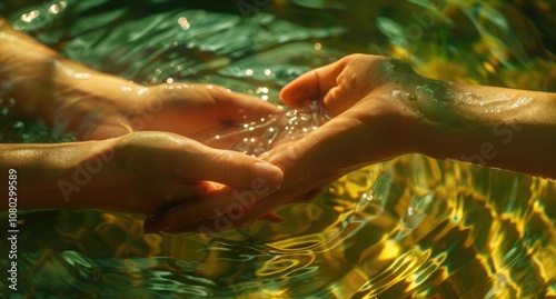 Hands Cupped in Water, Reflecting Light