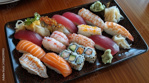 A top-down view of a beautiful sushi spread, featuring neatly arranged nigiri, sashimi, and colorful rolls on a dark ceramic plate photo