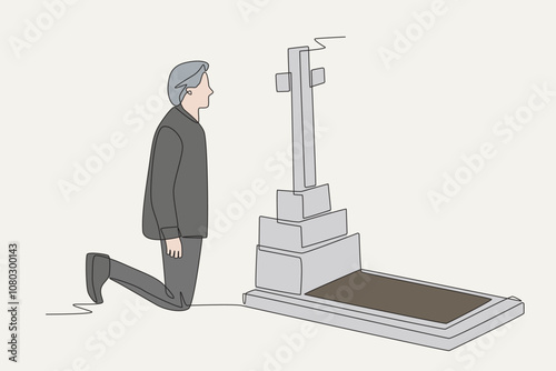 Colored man bows during grave pilgrimage. Funeral concept one-line drawing