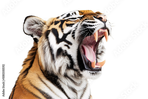 Close-up of roaring tiger with open mouth and sharp fangs, isolated on transparent background.