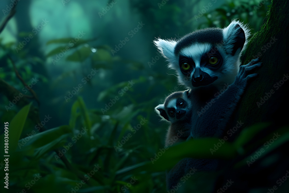 A baby lemur clinging to its mother's back, showcasing the bond between them in a lush rainforest setting. A lemur family moment.


