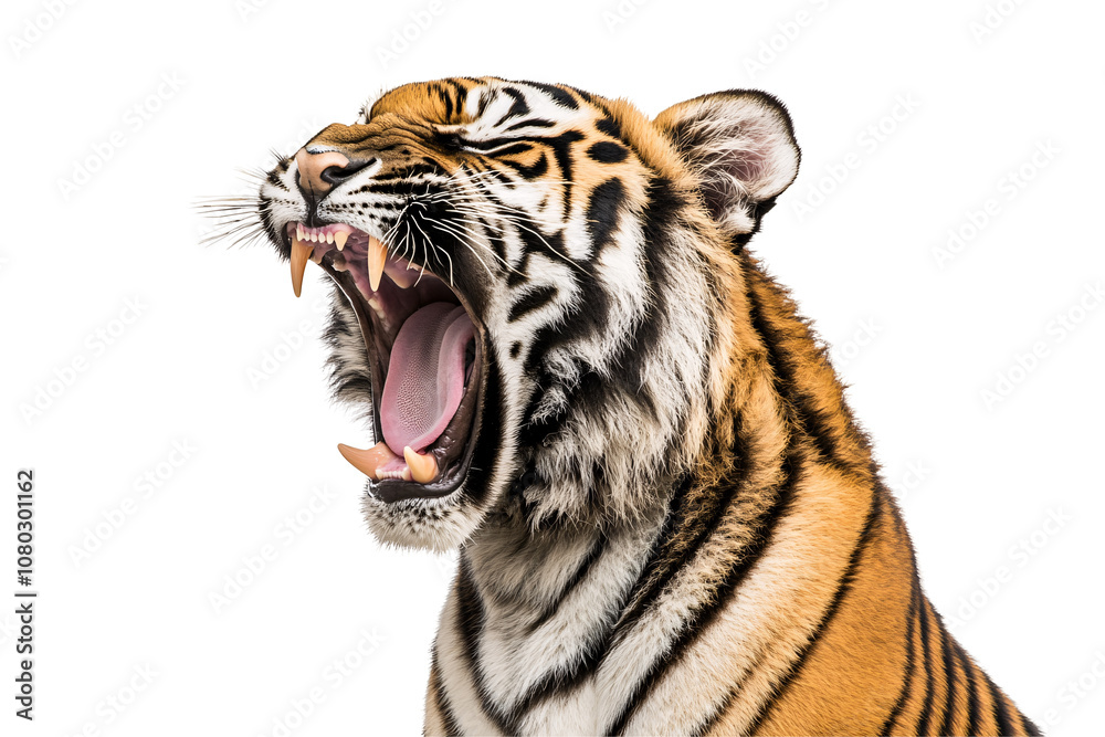 Fototapeta premium Close-up of roaring tiger with open mouth and sharp fangs, isolated on transparent background.