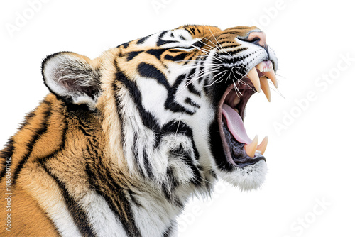 Close-up of roaring tiger with open mouth and sharp fangs, isolated on transparent background.
