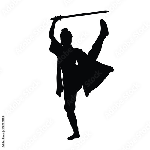 A person in a black outfit holding a sword. The person is in a split position. The sword is held in the right hand