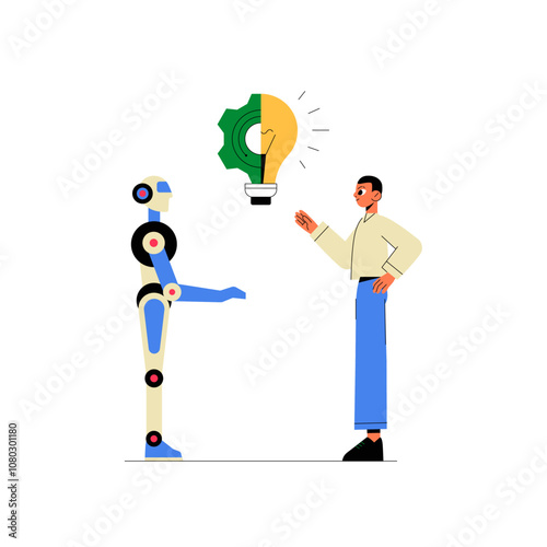 Human And AI Robot Brainstorming With Lightbulb In Flat Vector Illustration Symbolizing AI Taking Jobs, Innovation, And Collaborative Idea Generation, Isolated On White Background.
