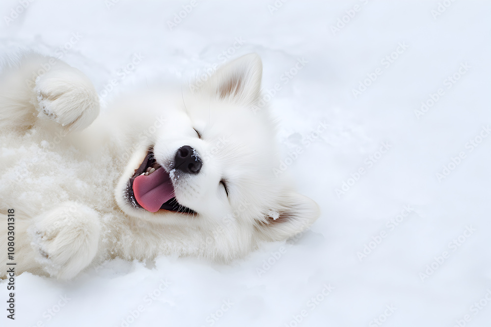 A fluffy Samoyed puppy rolling in the snow, with its tongue out and a playful demeanor. A puppy having fun in the winter.
A fluffy Samoyed puppy rolling in the snow, with its tongue out and a playful demeanor. A puppy having fun in the winter.