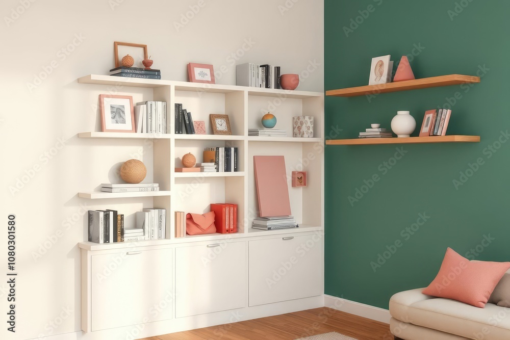 Fototapeta premium Corner Bookshelf with Decor