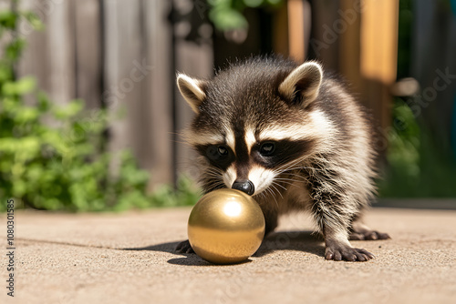 A baby raccoon playing with a shiny object in a garden, illustrating its curious and playful nature. A raccoon kit exploring its surroundings.


 photo