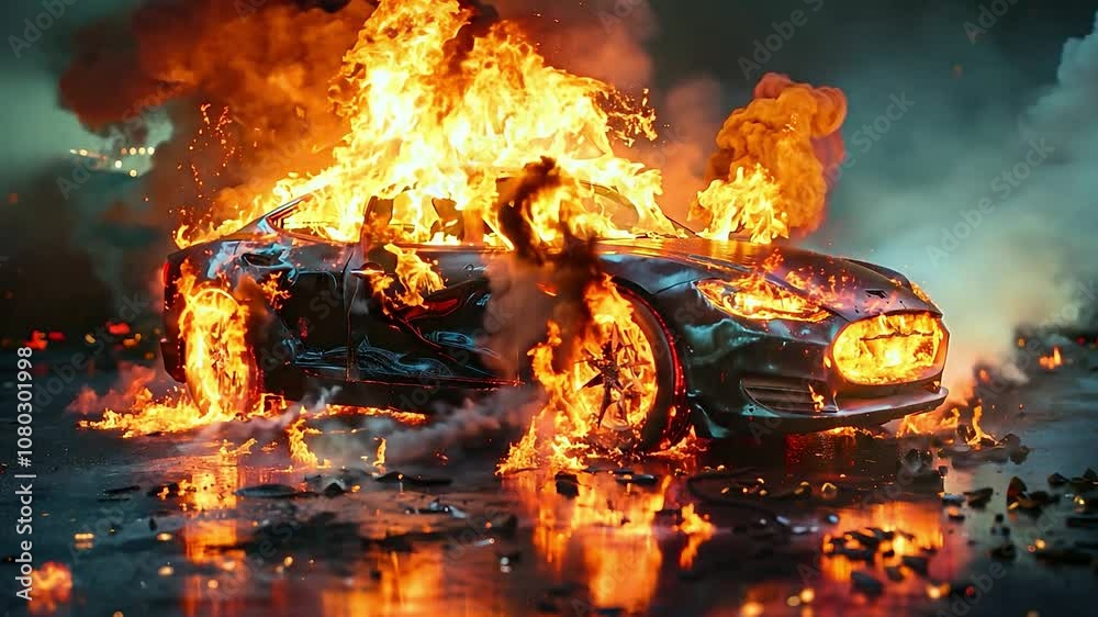 Electric EV car is burning with huge flames, Car battery exploded, Electric car burned lithium battery danger fire insurance car accident	
