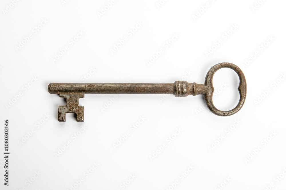 Black antique metal key on a white background Black antique metal key on a white background