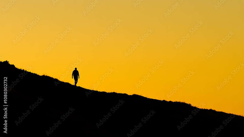 A sunrise hike with the silhouette of a lone hiker walking along a ridgeline as the sky turns golden. A sunrise hike with the silhouette of a lone hiker walking along a ridgeline as the sky turns golden.