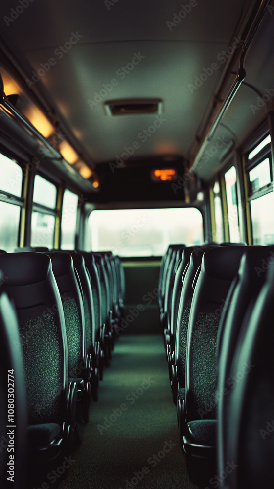 Fototapeta premium Rows of empty bus seats await passengers, creating a serene atmosphere before the daily commute begins