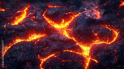 Lava flow texture, glowing orange lava on dark volcanic rock, isolated background.