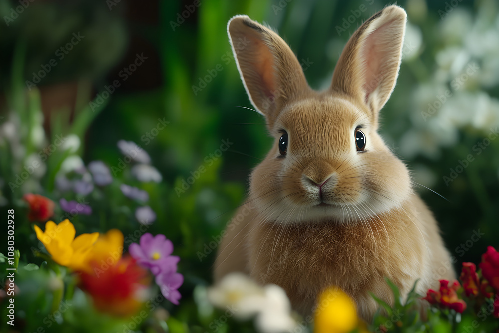 Fototapeta premium A fluffy bunny hopping around a garden filled with flowers, showcasing its playful nature in a vibrant setting. A bunny enjoying springtime.