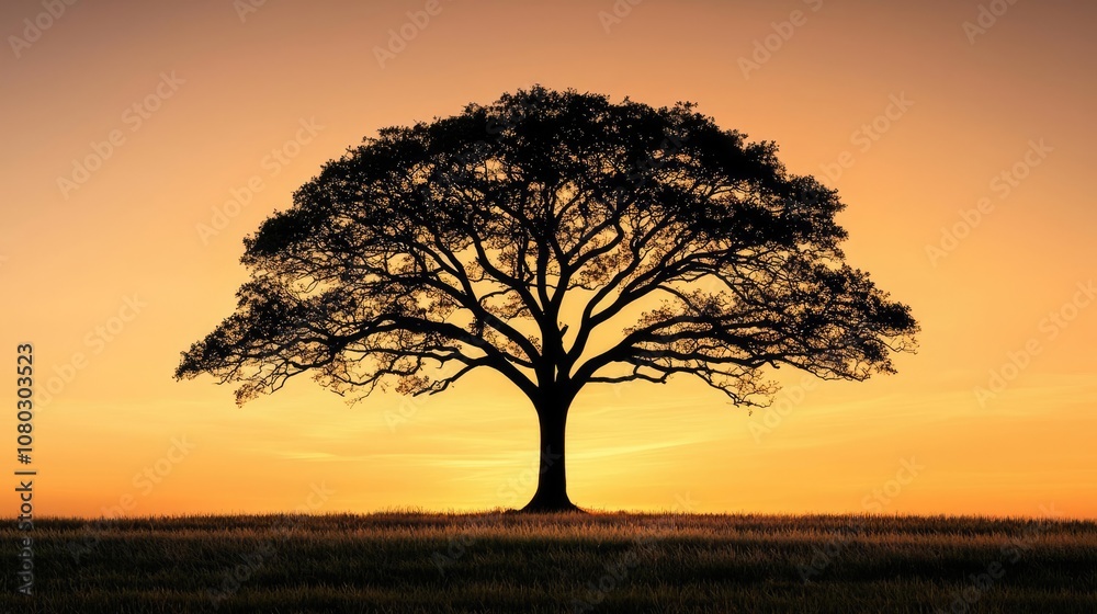 Obraz premium Silhouette of a majestic tree against a vibrant sunset sky.