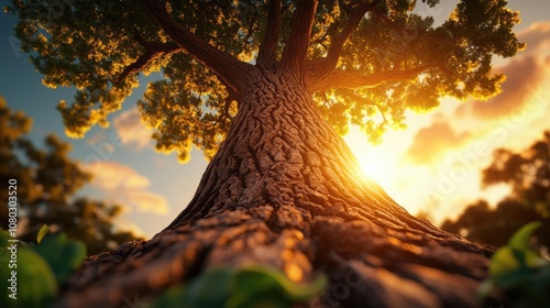 Majestic tree trunk illuminated by sunset, capturing nature's serene beauty.