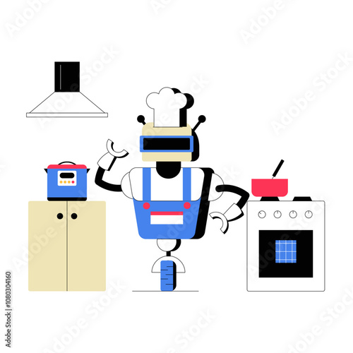 Robotic Chef In Kitchen With Cooking Equipment, Flat Vector Illustration Symbolizing Automation, Culinary Technology, And Future Kitchen, Isolated On White Background.