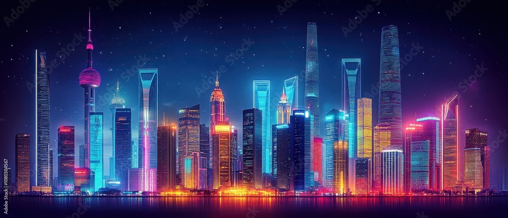 Fototapeta premium Vibrant City Night Sky Aerial View Neon Lights Blue Pink Illumination