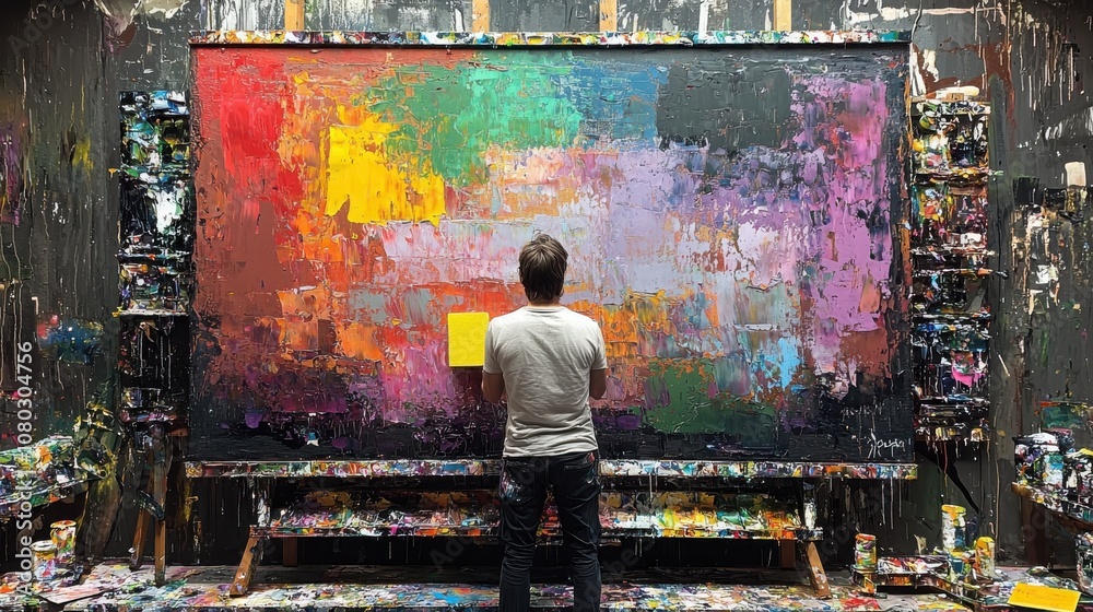 Abstract painter creates vibrant art using unconventional tools like sponges to inspire creativity Abstract painter creates vibrant art using unconventional tools like sponges to inspire creativity