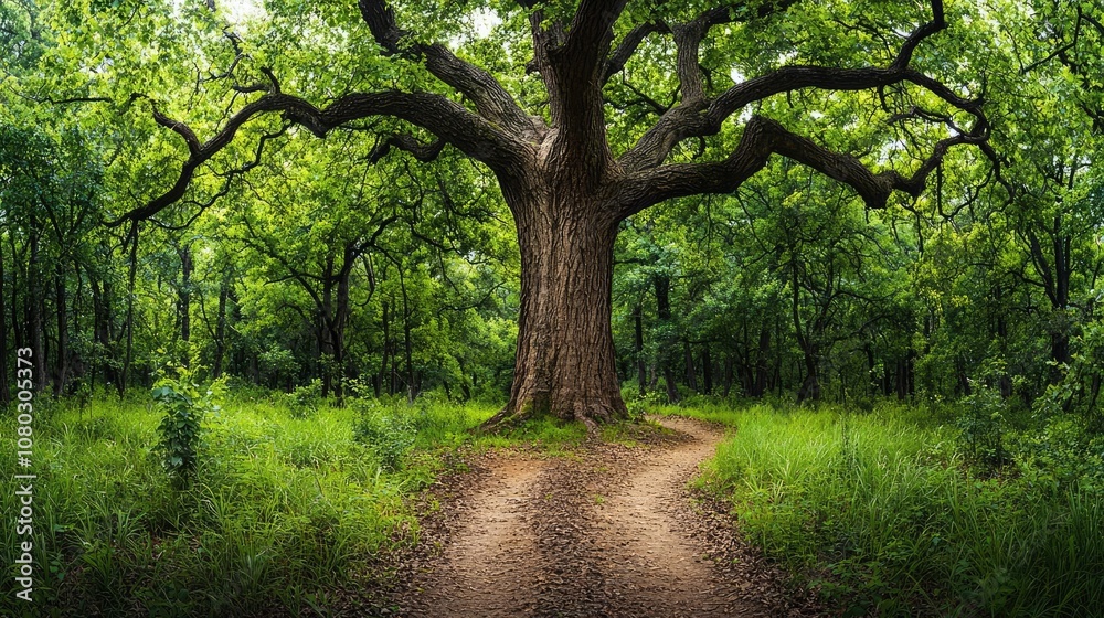 Majestic tree in a serene forest, showcasing vibrant greenery and a peaceful pathway. Majestic tree in a serene forest, showcasing vibrant greenery and a peaceful pathway.