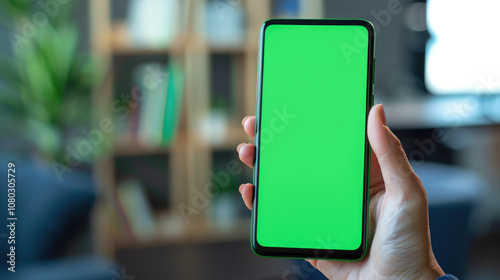 person holding smartphone with green screen in modern interior. background features bookshelf and cozy atmosphere, ideal for showcasing digital content