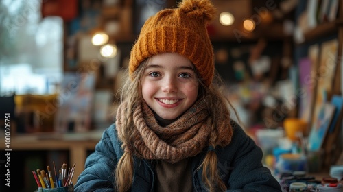 A smiling girl in a cozy hat and scarf, surrounded by art supplies.