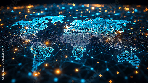 digital world map with glowing blue and yellow connections, representing global communication and technology. intricate network highlights international shipping and coordination
