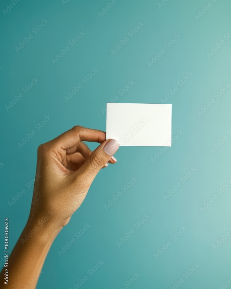 Hand Holding Blank Card on Blue Wall Hand Holding Blank Card on Blue Wall