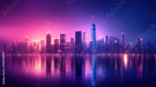 A vibrant, neon cityscape with purple and blue hues reflecting on the water at night.