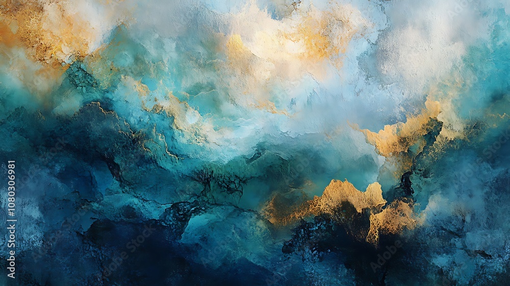 Abstract painting of teal, gold, and blue clouds. Abstract painting of teal, gold, and blue clouds.