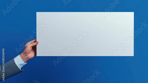 Hand Holding Blank Board on Blue Background 