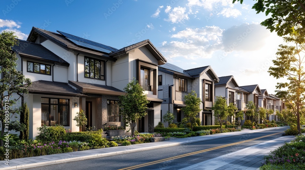 A row of modern suburban homes, each featuring solar panels on their roofs, along a quiet, well-maintained street with lush landscaping under a bright blue sky. A row of modern suburban homes, each featuring solar panels on their roofs, along a quiet, well-maintained street with lush landscaping under a bright blue sky.