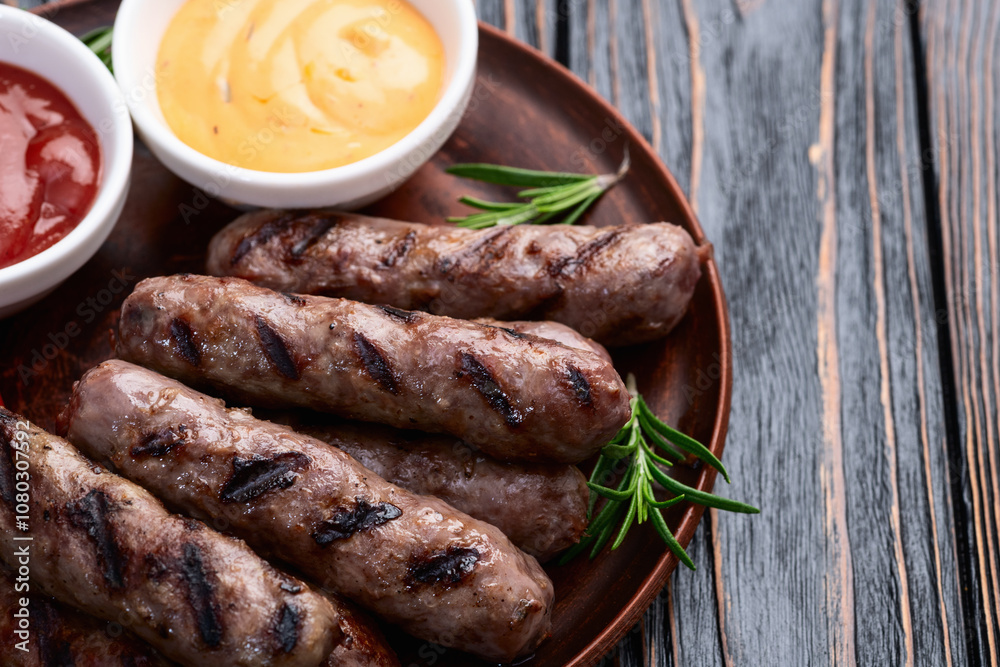 Grilled beef sausages with rosemary sauce and tomatoes photography . Top view