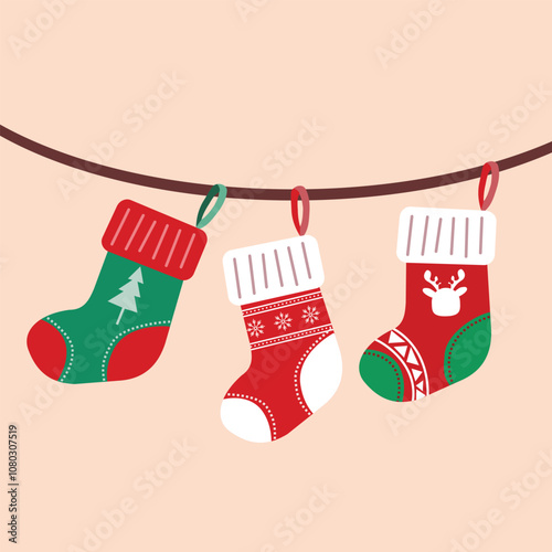 Vector Illustration of Hanging Red and Green Christmas Stockings