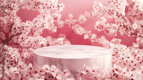 Elegant round pedestal surrounded by delicate pink cherry blossoms, perfect for showcasing beauty products in a serene spring setting.